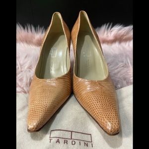TARDINI Snake Embossed Pointed Heels Tan